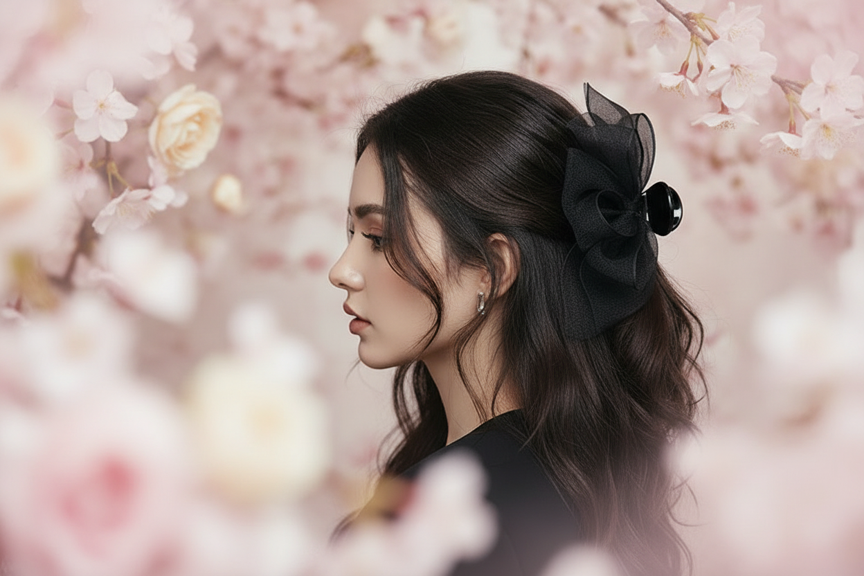 Black Bow Hair Clip Hero Image - Soft Pink Background